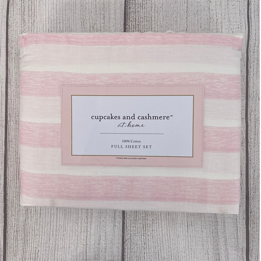 Cupcakes and Cashmere Sheet Set FULL Pink White Striped 100% Cotton Cottage